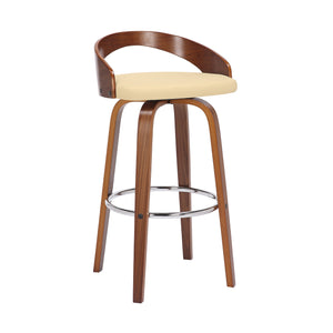 Homeroots 30" Cream And Brown Faux Leather And Solid Wood Swivel Low Back Bar Height Bar Chair   476860