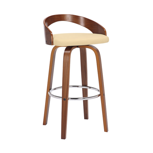 Homeroots 30" Cream And Brown Faux Leather And Solid Wood Swivel Low Back Bar Height Bar Chair   476860