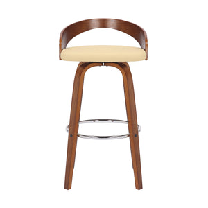 Homeroots 30" Cream And Brown Faux Leather And Solid Wood Swivel Low Back Bar Height Bar Chair   476860