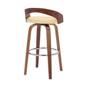 Homeroots 30" Cream And Brown Faux Leather And Solid Wood Swivel Low Back Bar Height Bar Chair   476860