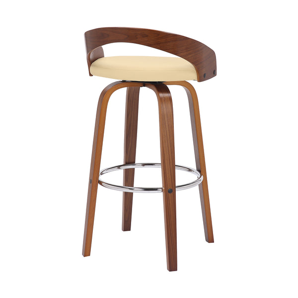 Homeroots 30" Cream And Brown Faux Leather And Solid Wood Swivel Low Back Bar Height Bar Chair   476860
