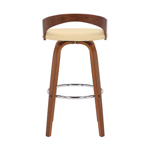 Homeroots 30" Cream And Brown Faux Leather And Solid Wood Swivel Low Back Bar Height Bar Chair   476860