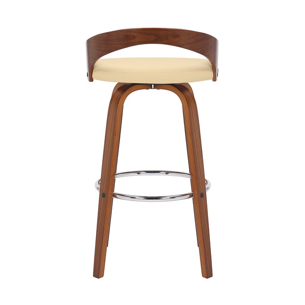 Homeroots 30" Cream And Brown Faux Leather And Solid Wood Swivel Low Back Bar Height Bar Chair   476860