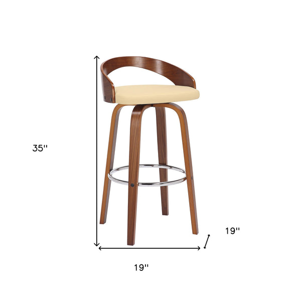 Homeroots 30" Cream And Brown Faux Leather And Solid Wood Swivel Low Back Bar Height Bar Chair   476860