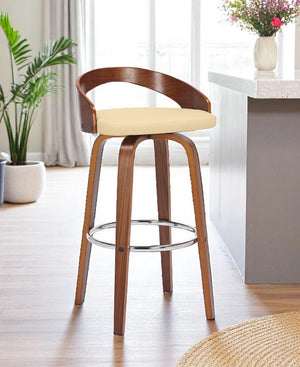 HomeRoots 30" Cream Faux Leather Swivel Bar Chair with Solid Wood Base - Mid-Century Modern Comfort & Style 476860