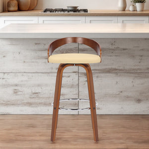 Homeroots 30" Cream And Brown Faux Leather And Solid Wood Swivel Low Back Bar Height Bar Chair   476860