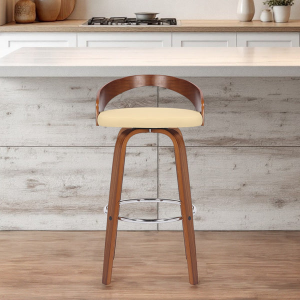 Homeroots 30" Cream And Brown Faux Leather And Solid Wood Swivel Low Back Bar Height Bar Chair   476860