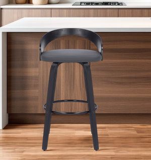 Homeroots 30" Gray And Black Faux Leather And Iron Swivel Low Back Bar Height Bar Chair   476862