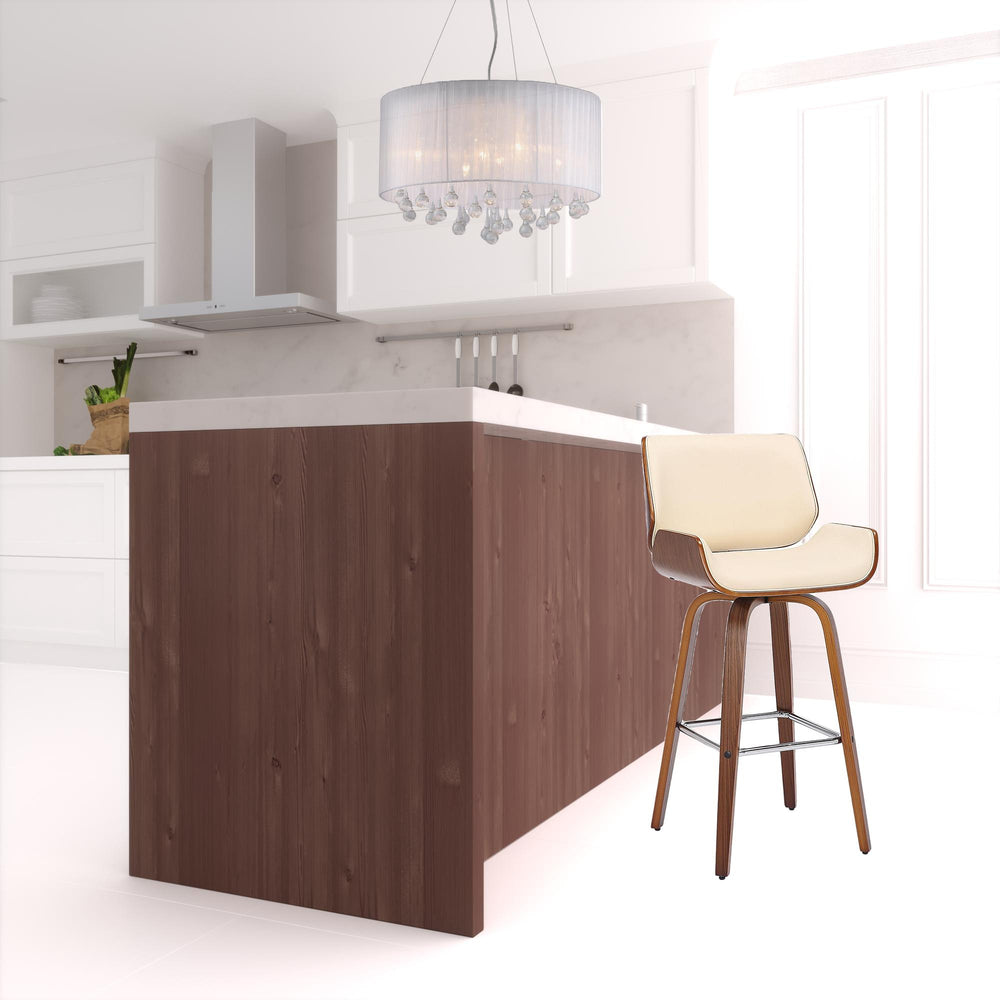 Homeroots 26" Cream And Brown Faux Leather And Solid Wood Swivel Counter Height Bar Chair   476863