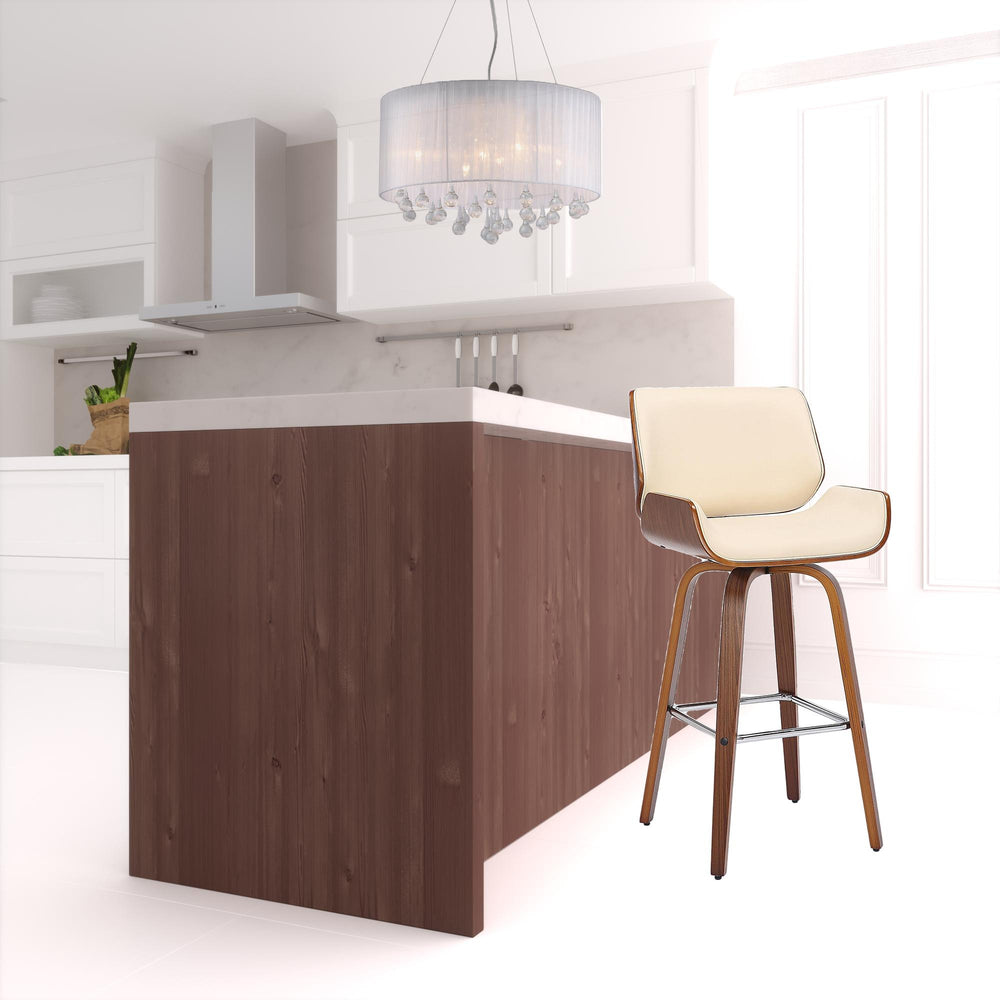 Homeroots 30" Cream And Brown Faux Leather And Solid Wood Swivel Bar Height Bar Chair   476864