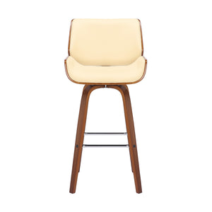 Homeroots 30" Cream And Brown Faux Leather And Solid Wood Swivel Bar Height Bar Chair   476864