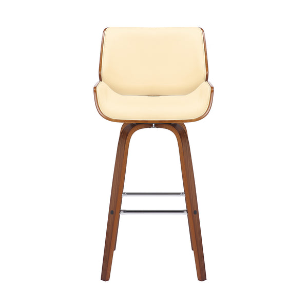 Homeroots 30" Cream And Brown Faux Leather And Solid Wood Swivel Bar Height Bar Chair   476864