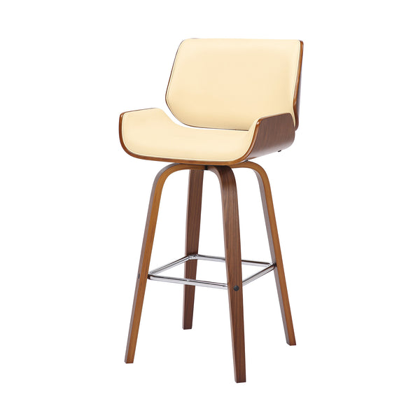 Homeroots 30" Cream And Brown Faux Leather And Solid Wood Swivel Bar Height Bar Chair   476864