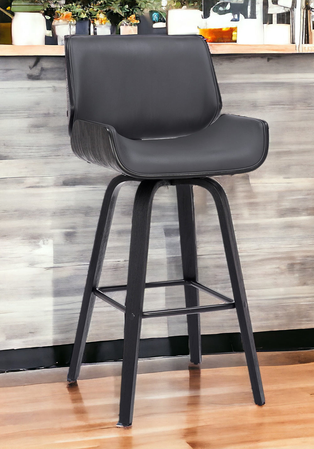 Homeroots 30" Gray And Black Faux Leather And Iron Swivel Bar Height Bar Chair   476866