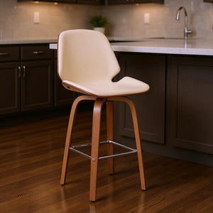 HomeRoots 26" Cream Swivel Bar Chair with Walnut Base - Ergonomic Comfort & Modern Style for Your Home! 476868
