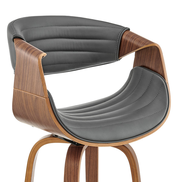 Homeroots 30" Gray And Brown And Brown Faux Leather And Solid Wood Swivel Bar Chair   476872