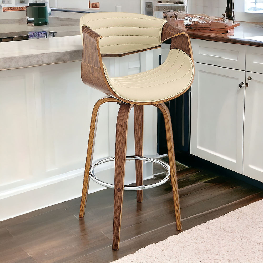 Homeroots 26" Cream And Brown Faux Leather And Wood Swivel Counter Height Bar Chair   476873