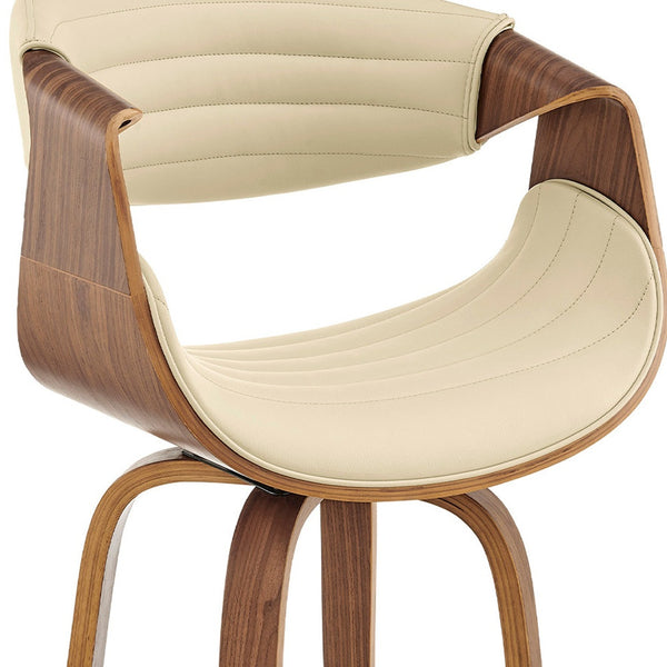 Homeroots 26" Cream And Brown Faux Leather And Wood Swivel Counter Height Bar Chair   476873