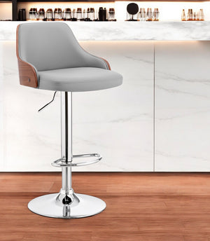 Homeroots Gray And Silver Faux Leather And Iron Adjustable Height Swivel Bar Chair   476877