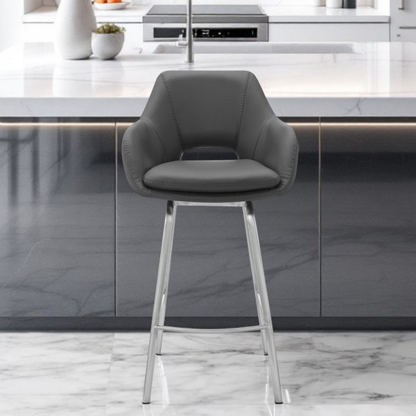 Homeroots 30" Gray And Silver Iron Swivel Low Back Bar Height Bar Chair   476886