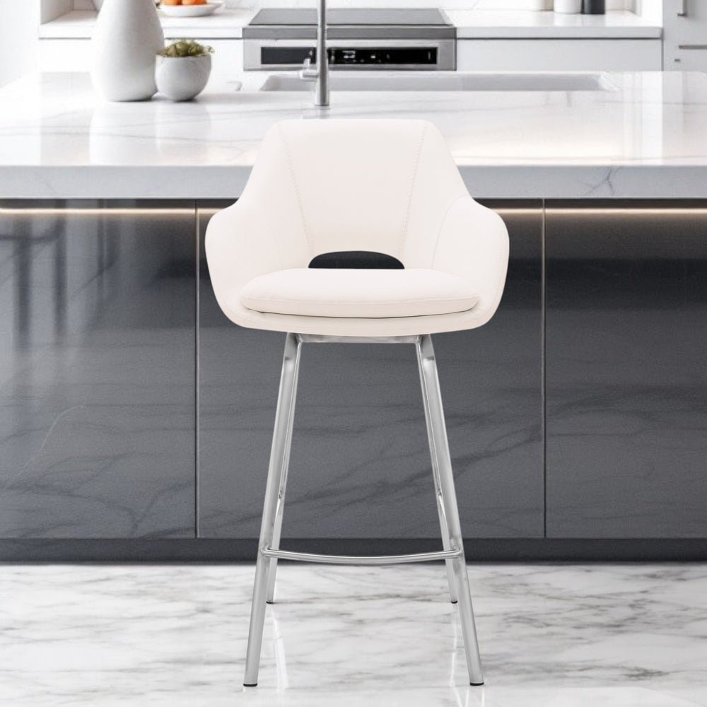 Homeroots 30" White And Silver Iron Swivel Low Back Bar Height Bar Chair   476888