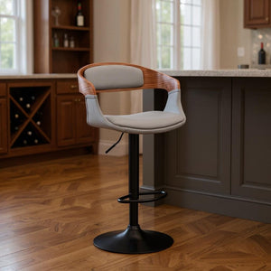 HomeRoots 24" Gray Faux Leather Swivel Bar Chair with Walnut Backrest - Adjustable Height for Comfort & Style 476899