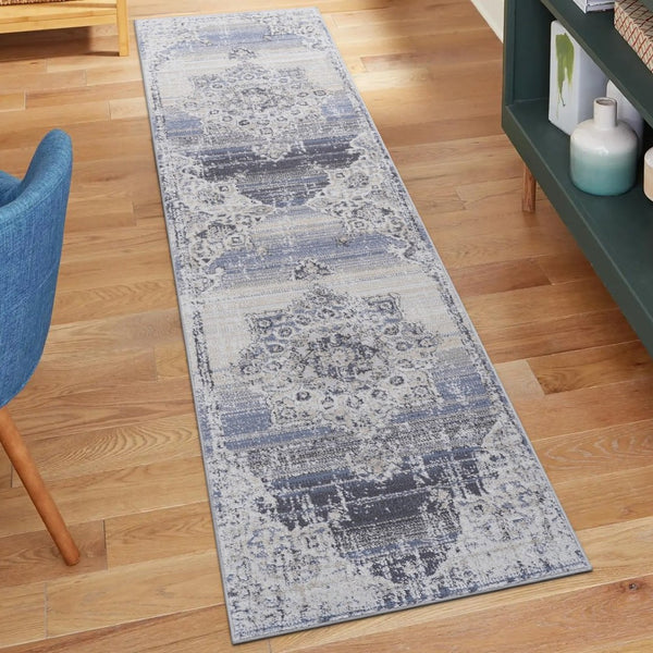 English Elm Payas Elegant Cream & Blue Medallion Runner Rug - Durable, Easy-Care, Perfect For High-Traffic Areas B189P183570-GIGA