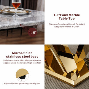 English Elm Marble Dining Table For 6 – Stylish 70'' Rectangle Faux Marble Top With Gold Stainless Steel Base W3456S00053