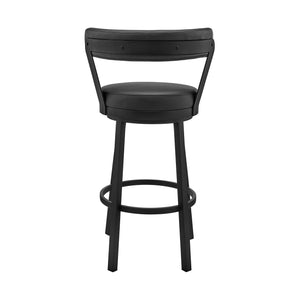 Homeroots 30" Black Faux Leather And Steel Low Back Bar Height Swivel Bar Chair   476912