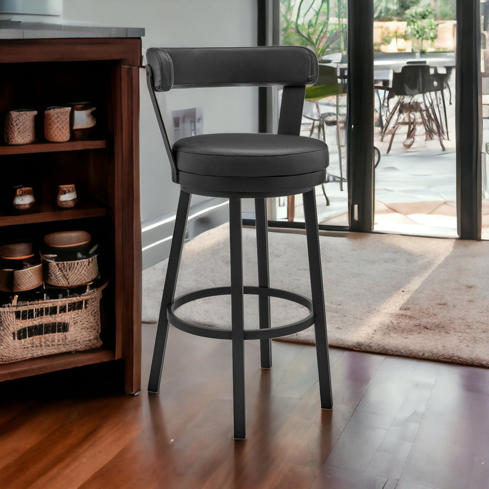 Homeroots 30" Black Faux Leather And Steel Low Back Bar Height Swivel Bar Chair   476912