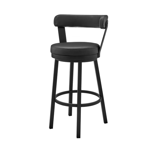 Homeroots 30" Black Faux Leather And Steel Low Back Bar Height Swivel Bar Chair   476912