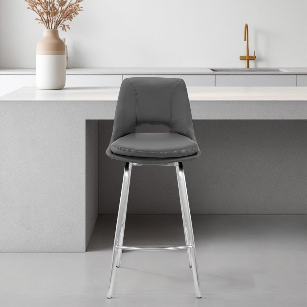 Homeroots 30" Gray And Silver Iron Swivel Low Back Bar Height Bar Chair   476922