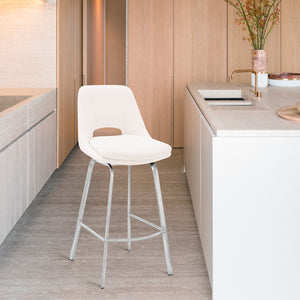 Homeroots 30" White And Silver Iron Swivel Low Back Bar Height Bar Chair   476924