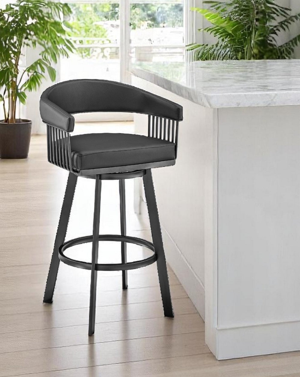 HomeRoots 29" Black Swivel Bar Chair with Iron Frame, Comfortable Upholstery, Modern Design for Home & Bar 476926