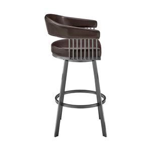 HomeRoots 25" Chocolate Faux-Leather Swivel Counter Stool with Gray Iron Base for Modern Kitchen & Bar Use 476927