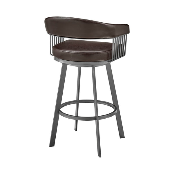HomeRoots 25" Chocolate Faux-Leather Swivel Counter Stool with Gray Iron Base for Modern Kitchen & Bar Use 476927