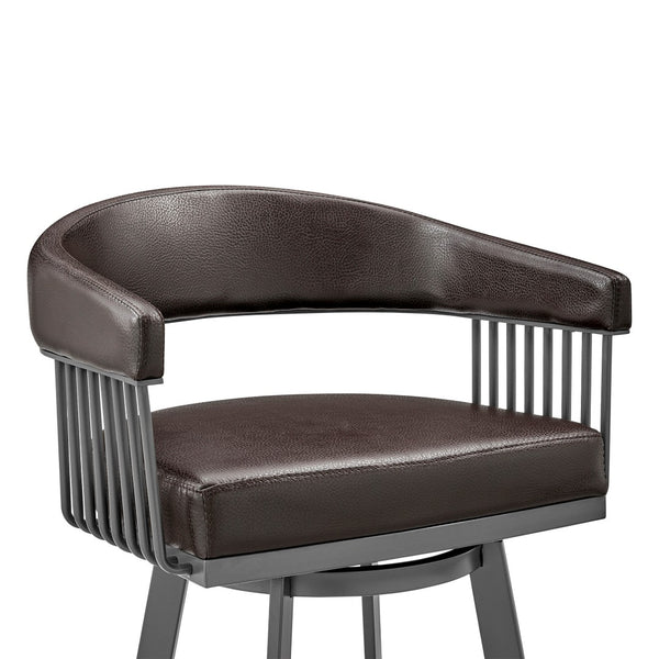 HomeRoots 25" Chocolate Faux-Leather Swivel Counter Stool with Gray Iron Base for Modern Kitchen & Bar Use 476927