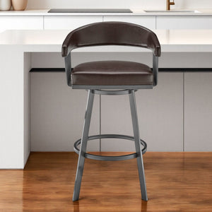 HomeRoots 25" Chocolate Faux-Leather Swivel Counter Stool with Gray Iron Base for Modern Kitchen & Bar Use 476927