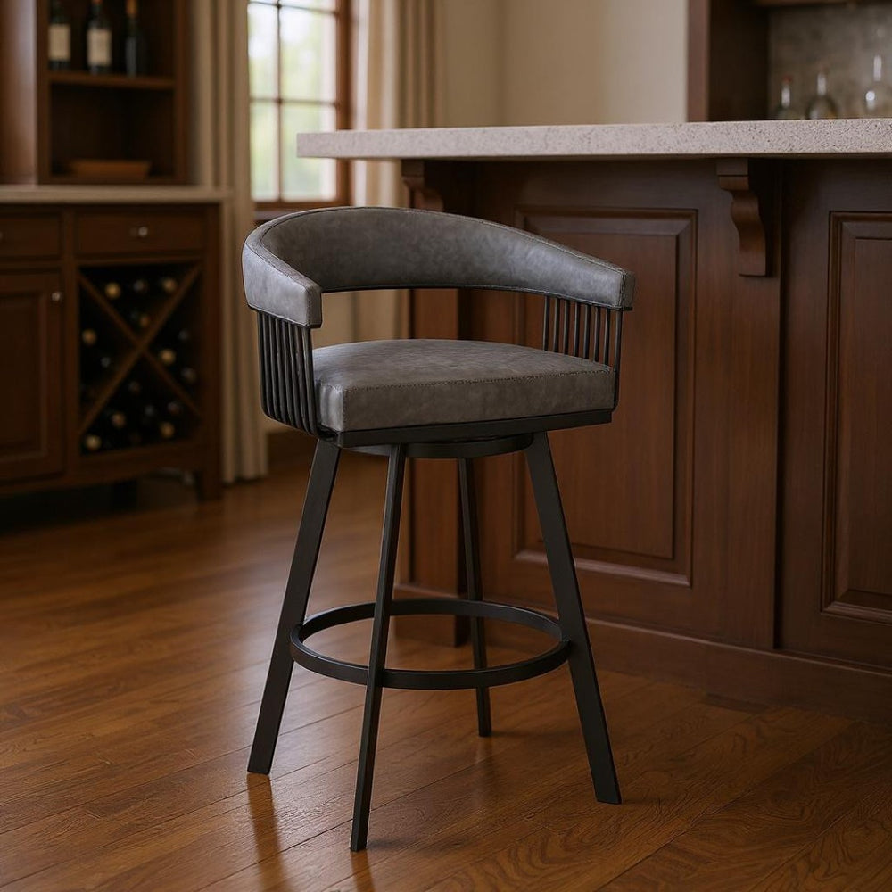 HomeRoots 29" Stylish Gray and Black Iron Swivel Bar Stool – Modern Faux Leather Comfort for Any Space 476930