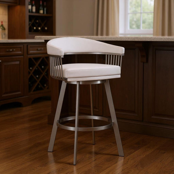 HomeRoots 29" Contemporary Swivel Bar Stool in White Faux Leather and Silver Steel Frame for Modern Spaces 476932
