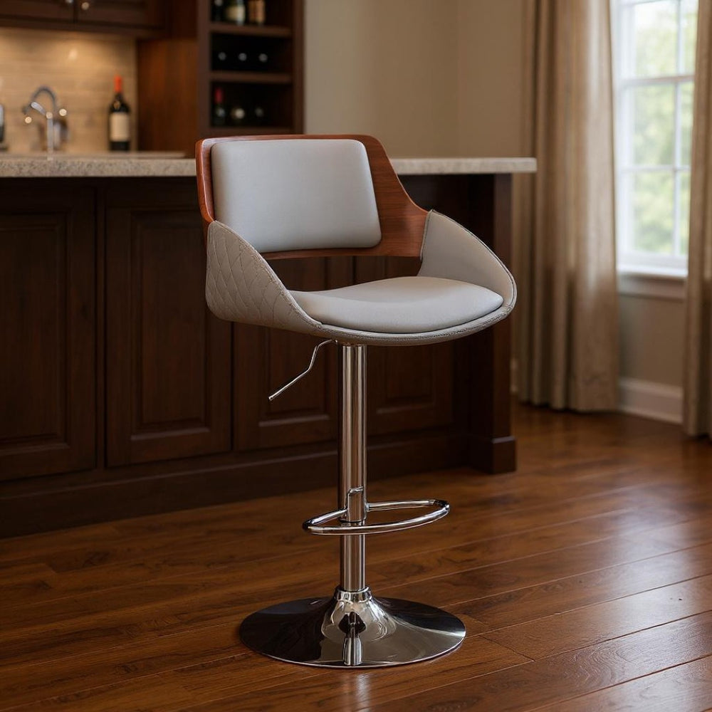 HomeRoots 25" Gray Adjustable Height Bar Stool with 360° Swivel, Chrome Base, and Cushioned Comfort Seating 476933