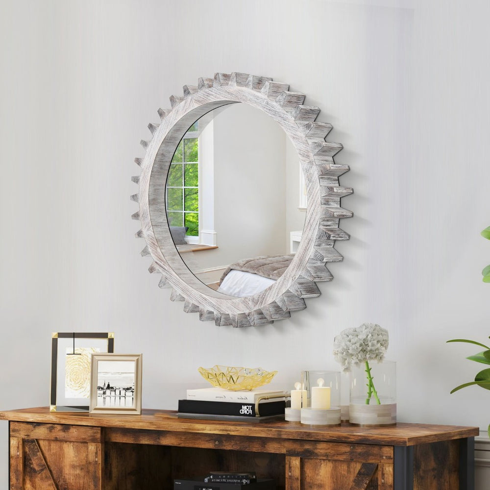 English Elm Vintage Gear-Shaped Decorative Mirror - Antique White-Washed Wall Art For Unique Gallery Displays W1445P171984-GIGA