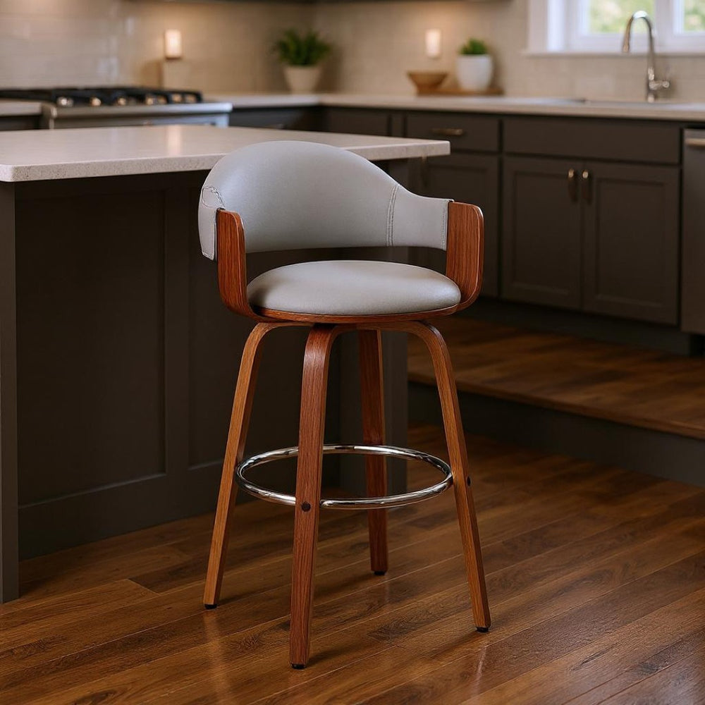 HomeRoots 26" Gray Faux Leather Swivel Counter Height Bar Chair with Walnut Wood Legs for Modern Comfort 476938