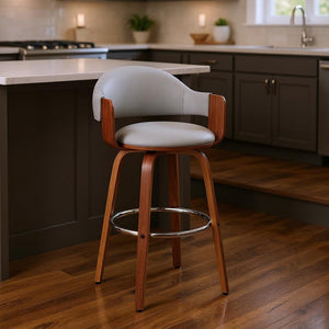 HomeRoots 26" Gray Faux Leather Swivel Counter Height Bar Chair with Walnut Wood Legs for Modern Comfort 476938