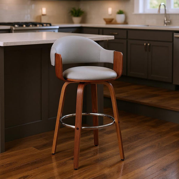 HomeRoots 26" Gray Faux Leather Swivel Counter Height Bar Chair with Walnut Wood Legs for Modern Comfort 476938