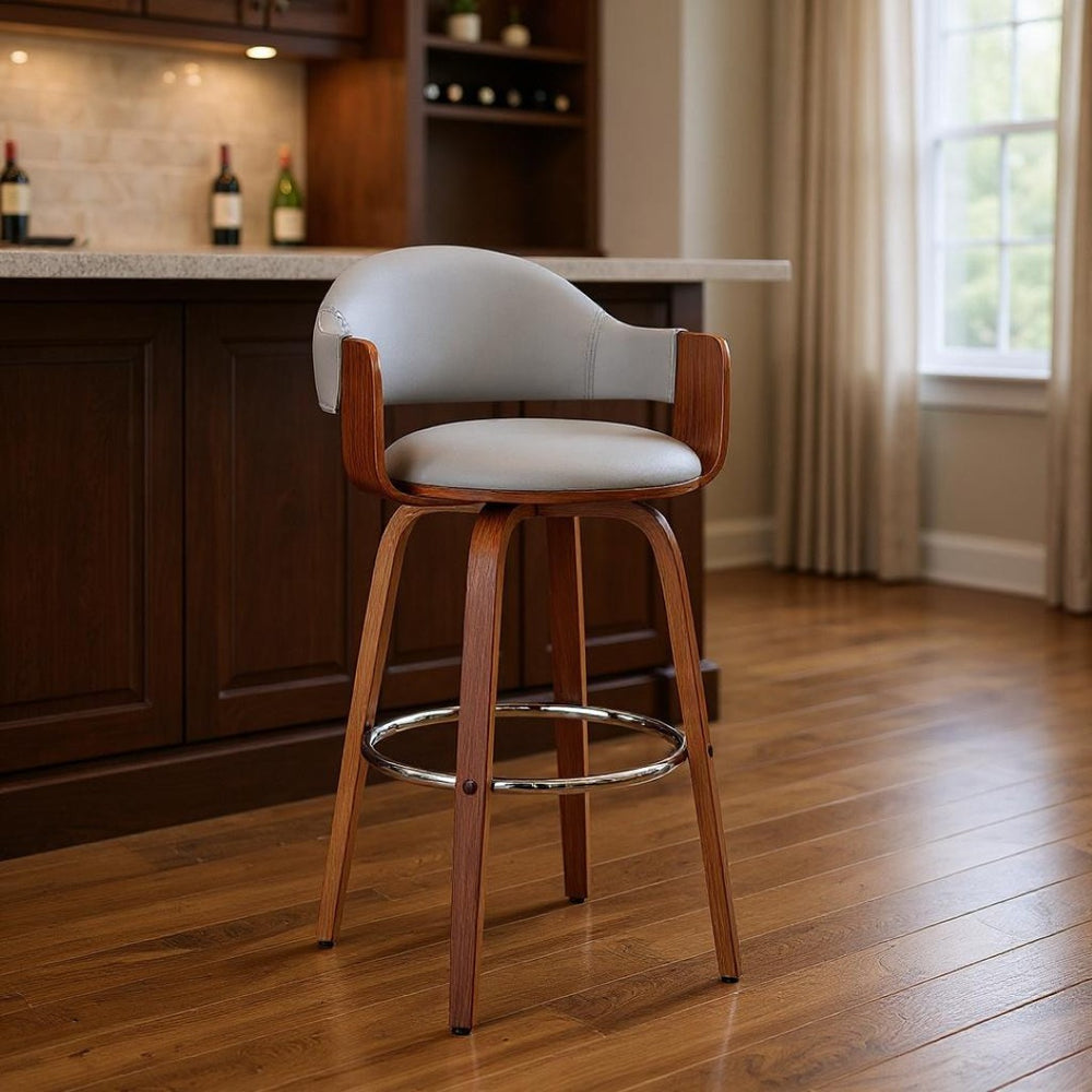 HomeRoots 30" Gray Faux Leather Swivel Bar Chair - Stylish Comfort with Walnut Frame for Home Bars & Kitchens 476939