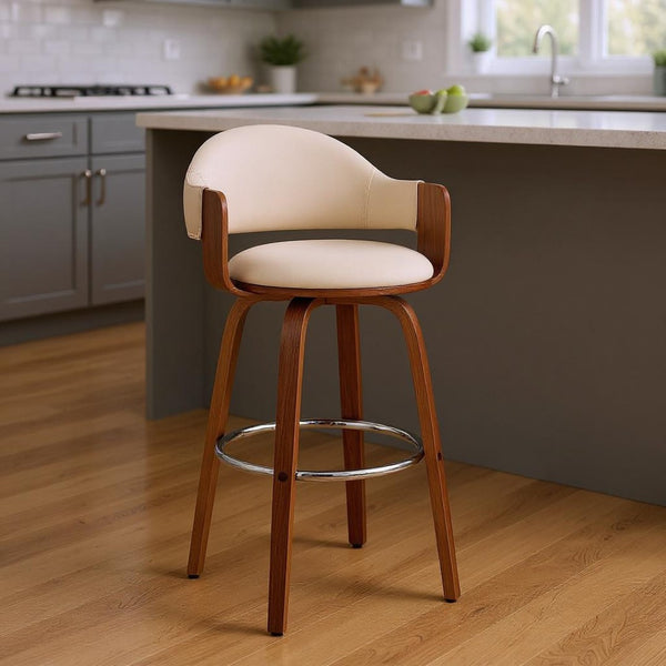 HomeRoots 26" Cream Faux Leather Swivel Bar Chair - Mid-Century Modern Comfort with Walnut Frame & Footrest 476940