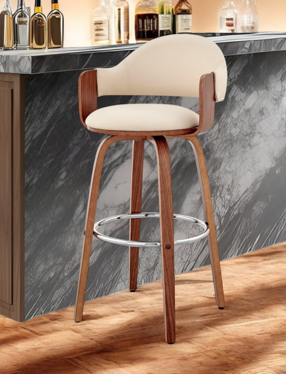 HomeRoots 30" Cream and Brown Low Back Swivel Bar Chair with Comfort Armrests and Stylish Wood Base Finish 476941