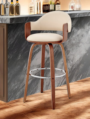 HomeRoots 30" Cream and Brown Low Back Swivel Bar Chair with Comfort Armrests and Stylish Wood Base Finish 476941