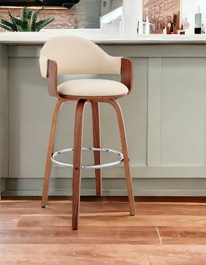 Homeroots 30" Cream And Brown Fabric Low Back Bar Height Swivel Bar Chair   476941